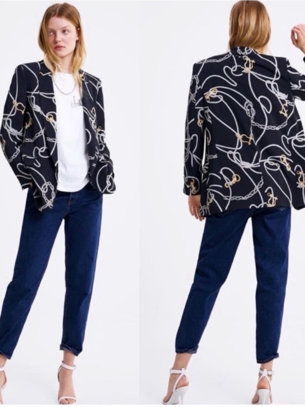 Zara Nautical Rope Print Blazer Jacket Navy Blue Size Medium